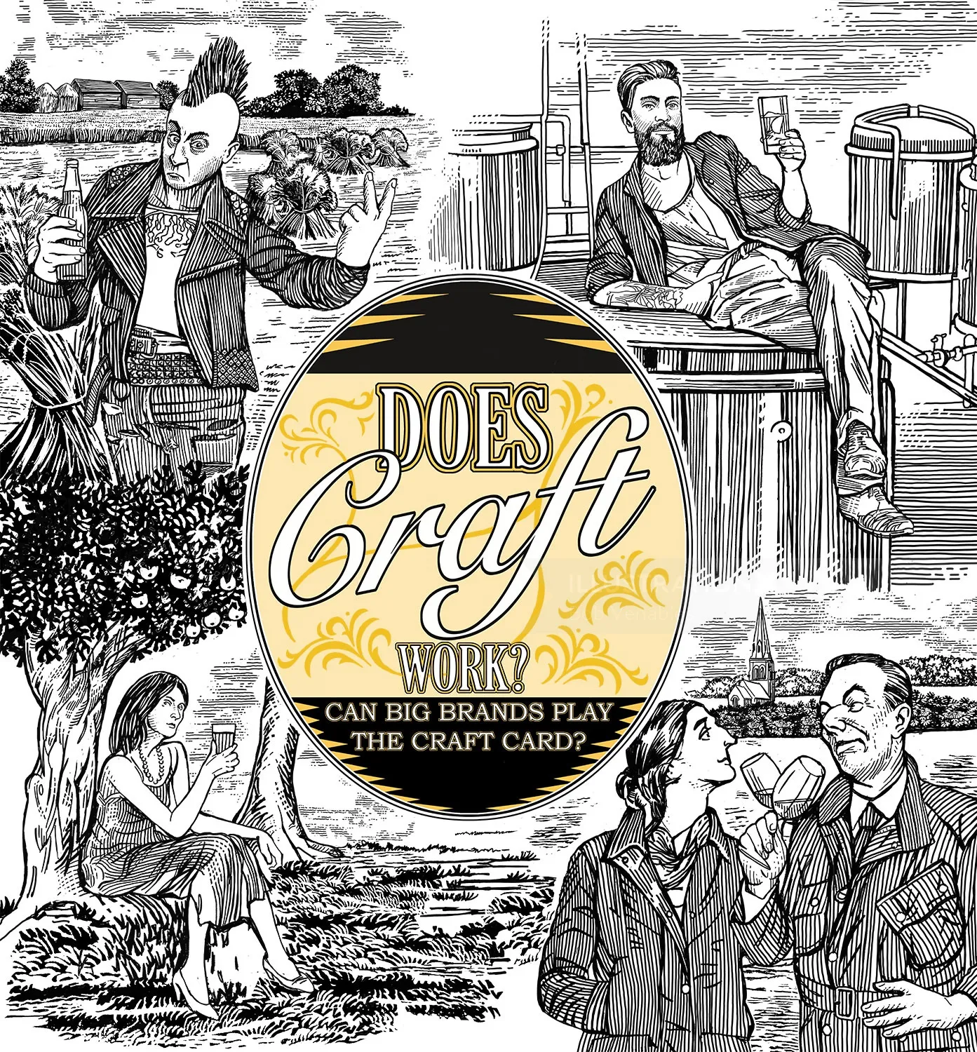 People having beer wood engraving art