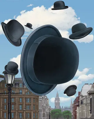 Black bowler hats flying over city street with Big Ben, by Bob Venables