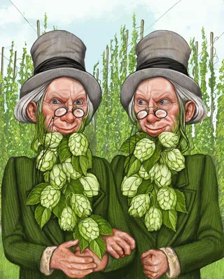 Two elderly men with hop leaf beards, tall hats, in a hop field by Bob Venables