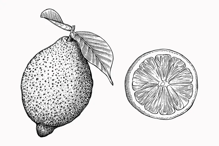 Black and white illustration of Pear & Orange fruit