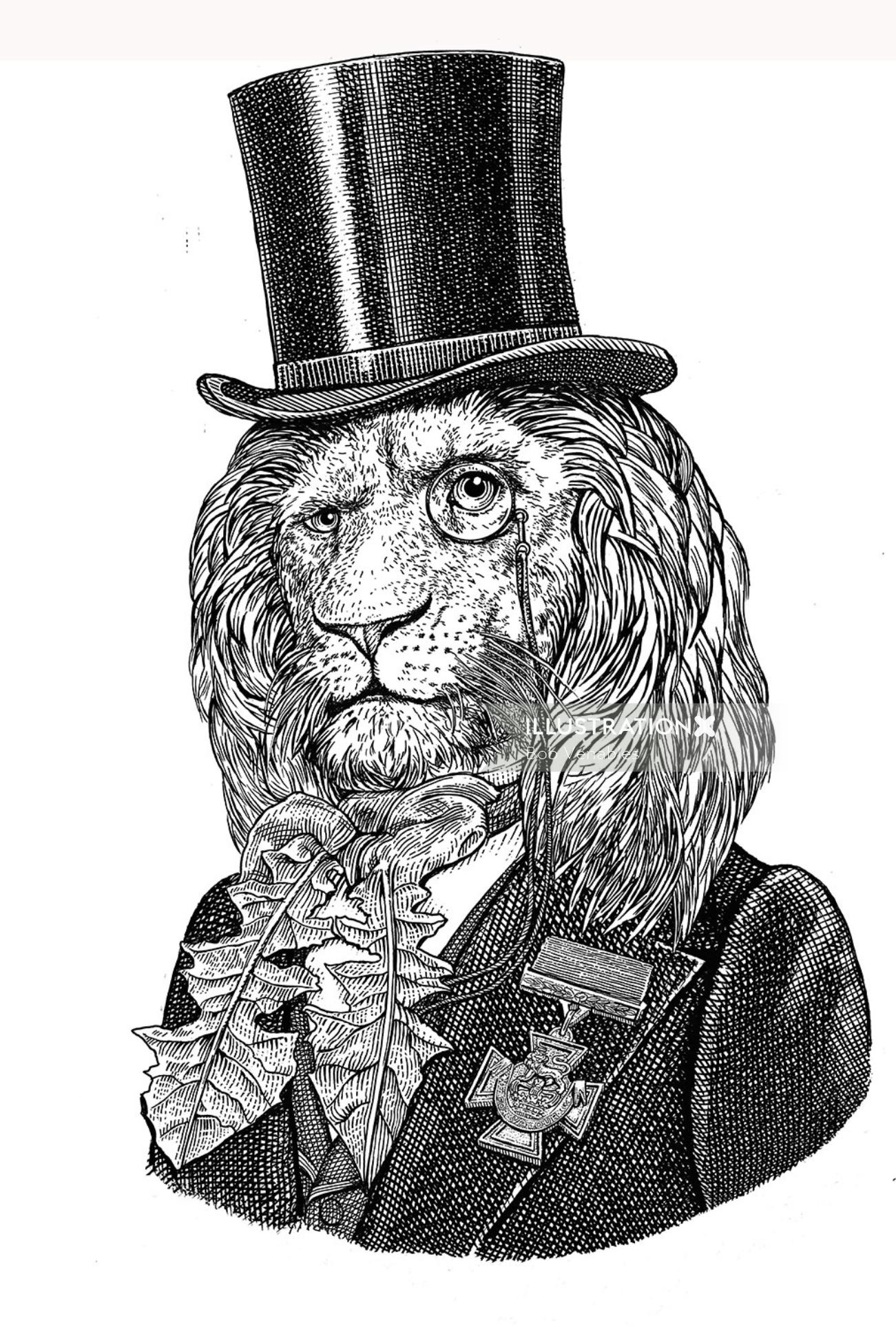 Ilustração de leão antropomórfico em preto e branco