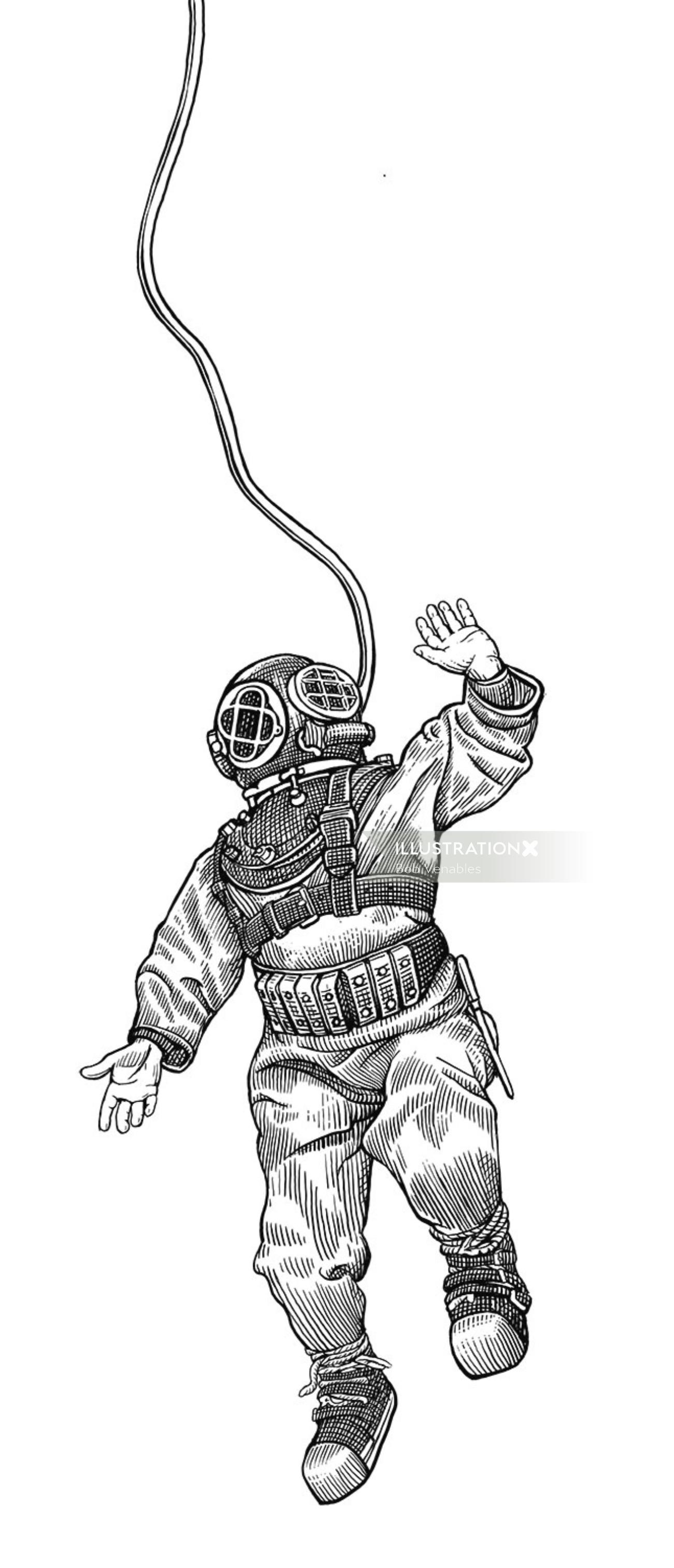 Ilustração a preto e branco de astronauta