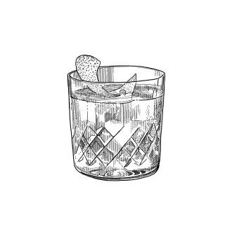 Diseño de vaso de whisky en blanco y negro.
