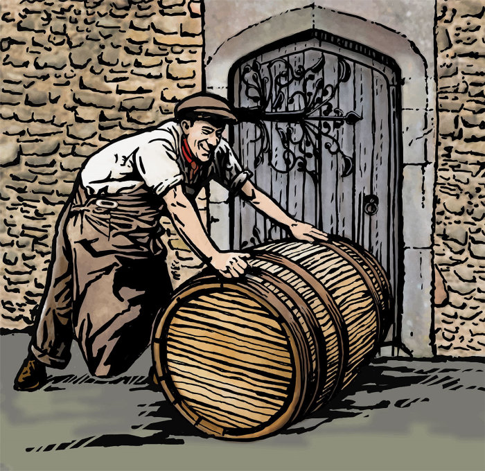 A man rolling wine barrel wood engraving illustration