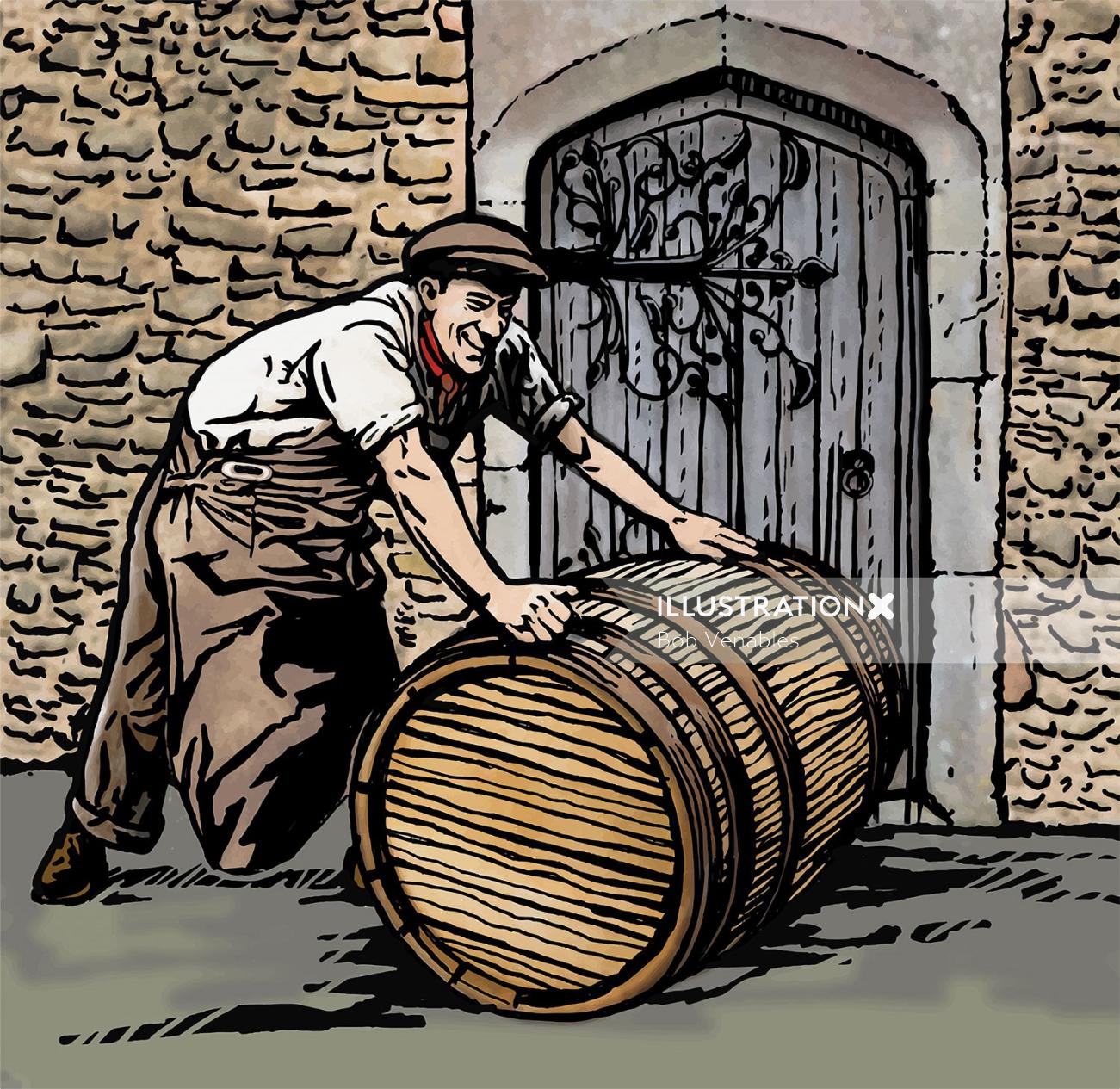 A man rolling wine barrel wood engraving illustration