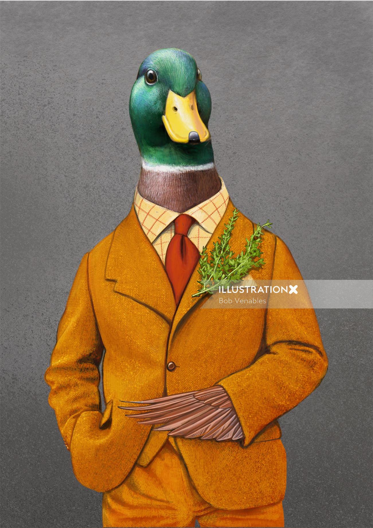 Ilustração antropomórfica do pássaro pato