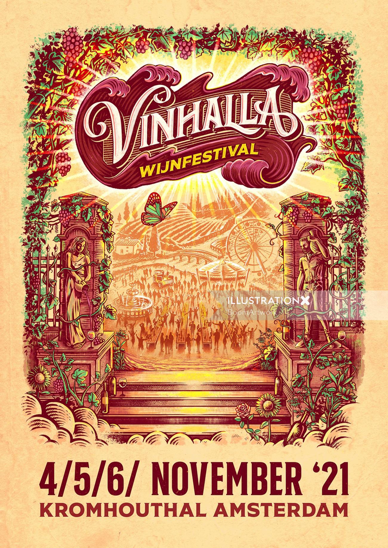 Ilustración de cartel para el festival del vino Vinhalla.