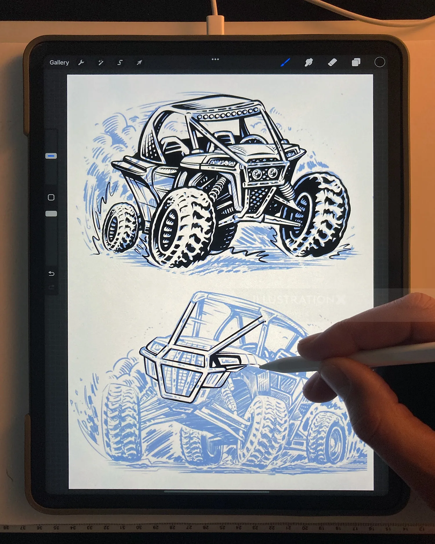 Hand drawing off-road buggy illustration on digital tablet screen