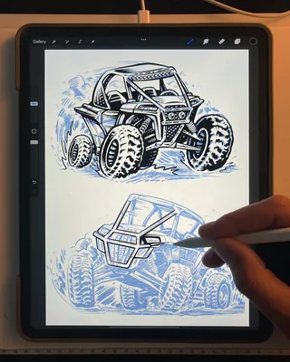 Hand drawing off-road buggy illustration on digital tablet screen
