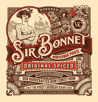 Vintage-style rum label with sailor and ship illustration