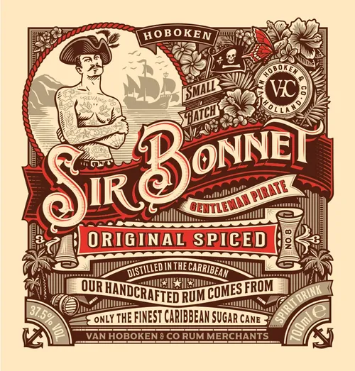 Vintage-style rum label with sailor and ship illustration