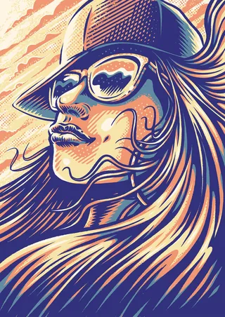 Stylized portrait of a person wearing sunglasses and a hat with flowing hair