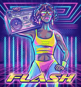 Neon retro woman with boombox in futuristic setting
