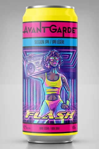 Colorful beer can with neon retro woman and boombox illustration