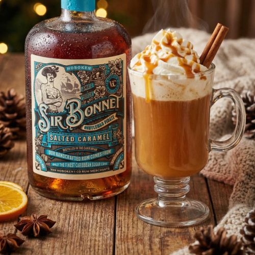 Sir Bonnet rum bottle beside spiced whipped cream drink by BoomArtwork