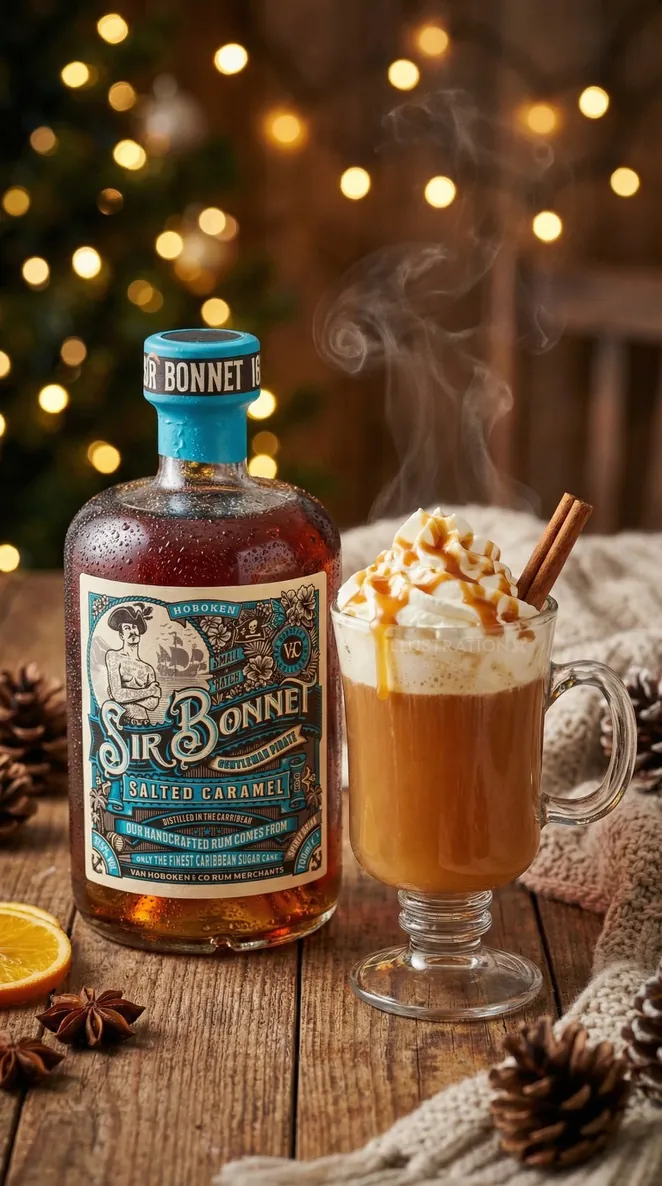 Sir Bonnet rum bottle beside spiced whipped cream drink by BoomArtwork