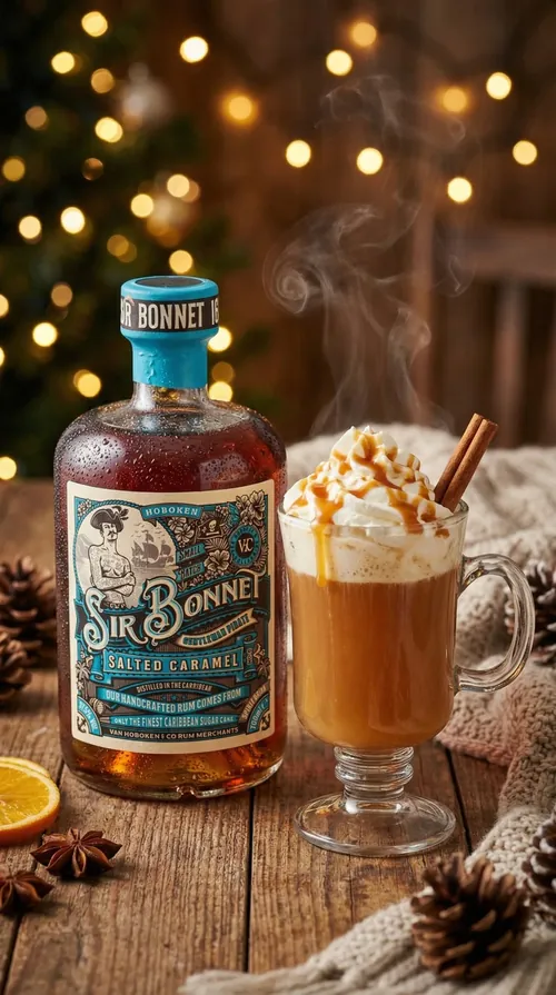 Sir Bonnet rum bottle beside spiced whipped cream drink by BoomArtwork