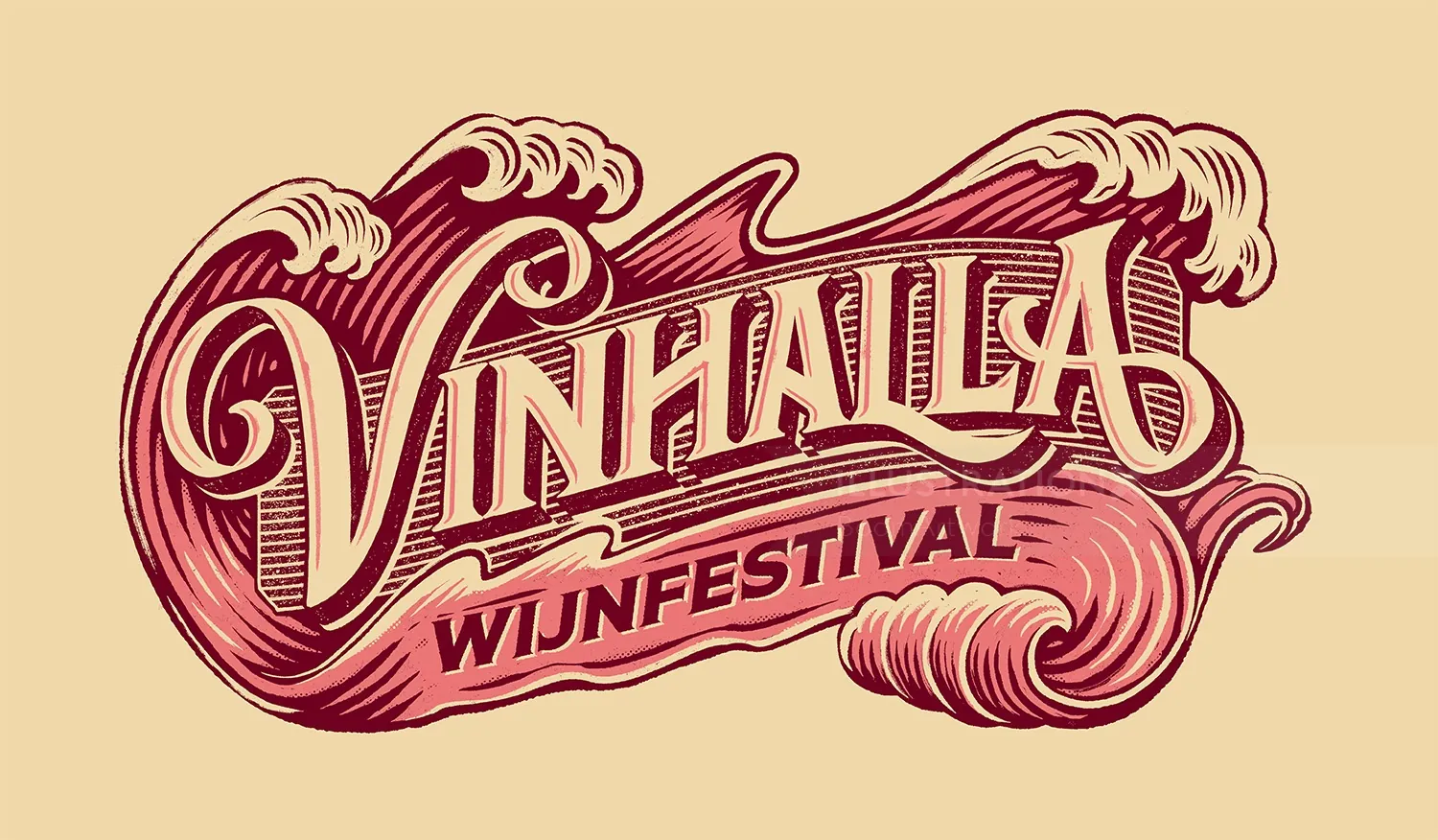 Logo typographique du festival du vin Vinhalla avec motif décoratif ondulé par BoomArtwork