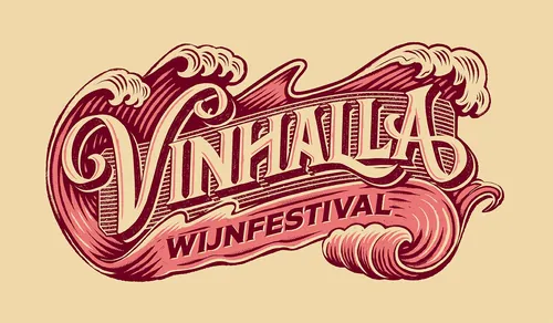 Vinhalla Wine Festival lettering logo with decorative wave design by BoomArtwork