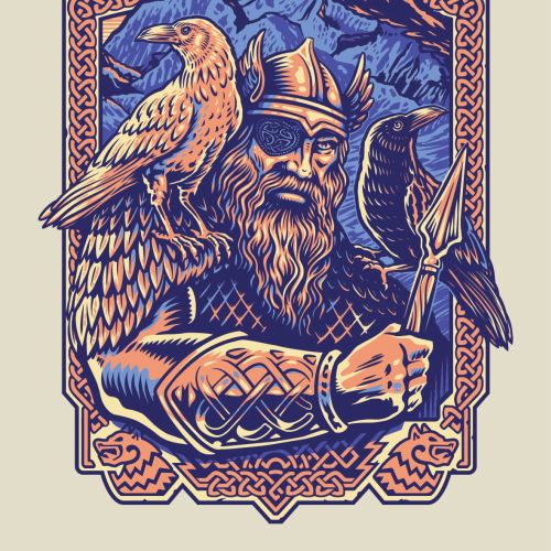 Illustration of Odin with two ravens holding a spear by BoomArtwork