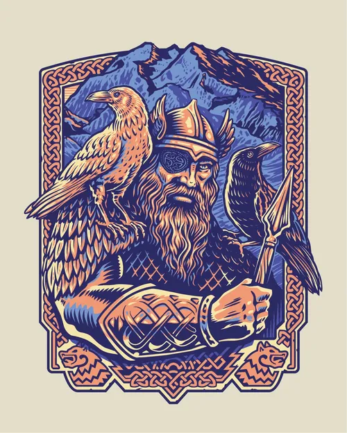 Illustration of Odin with two ravens holding a spear by BoomArtwork