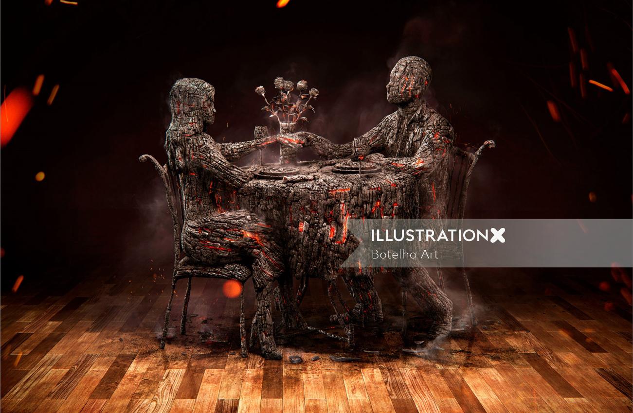 scene 3D illustration Burnt Dinner