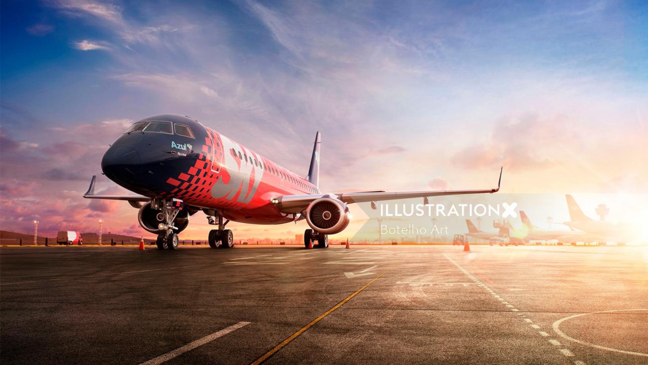composition of 3D illustration with photography of aeroplane