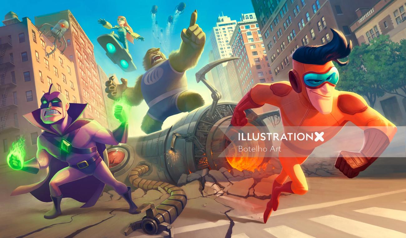 3D illustration group of superheroes