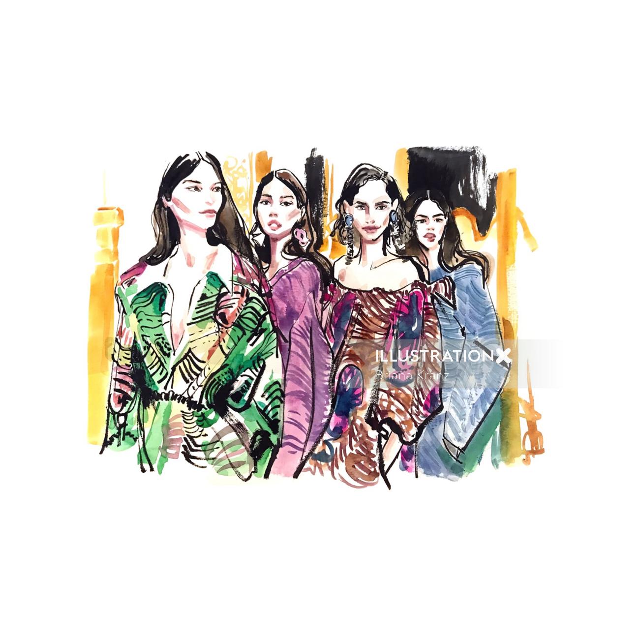 Watercolour sketch of fashion women