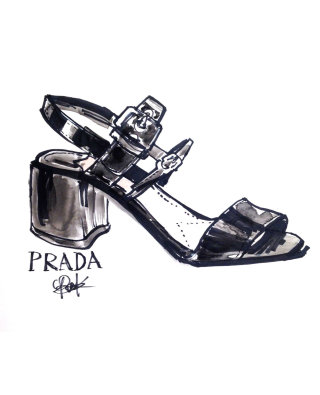 プラダの女性用靴の白黒スケッチ