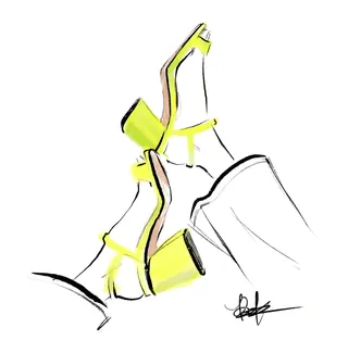 Fashion illustration of legs wearing yellow high heels and white pants by Briana Kranz