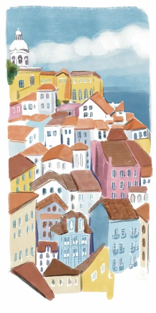 Colorful Mediterranean village buildings under cloudy sky by Briana Kranz