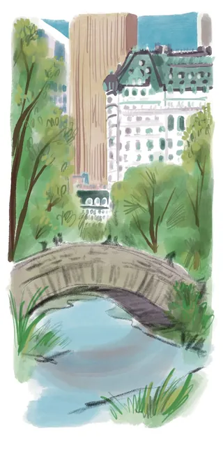 Watercolor of Central Park bridge and city buildings by Briana Kranz