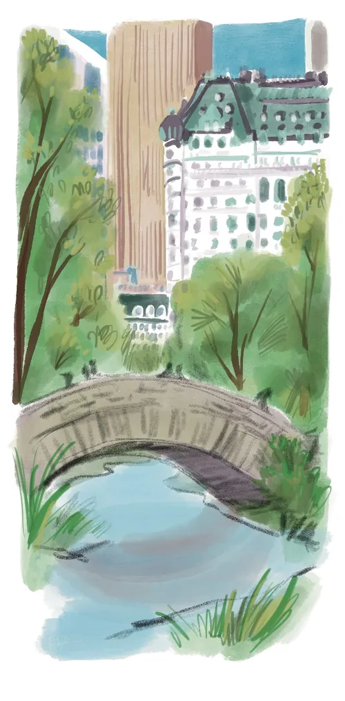 Watercolor of Central Park bridge and city buildings by Briana Kranz