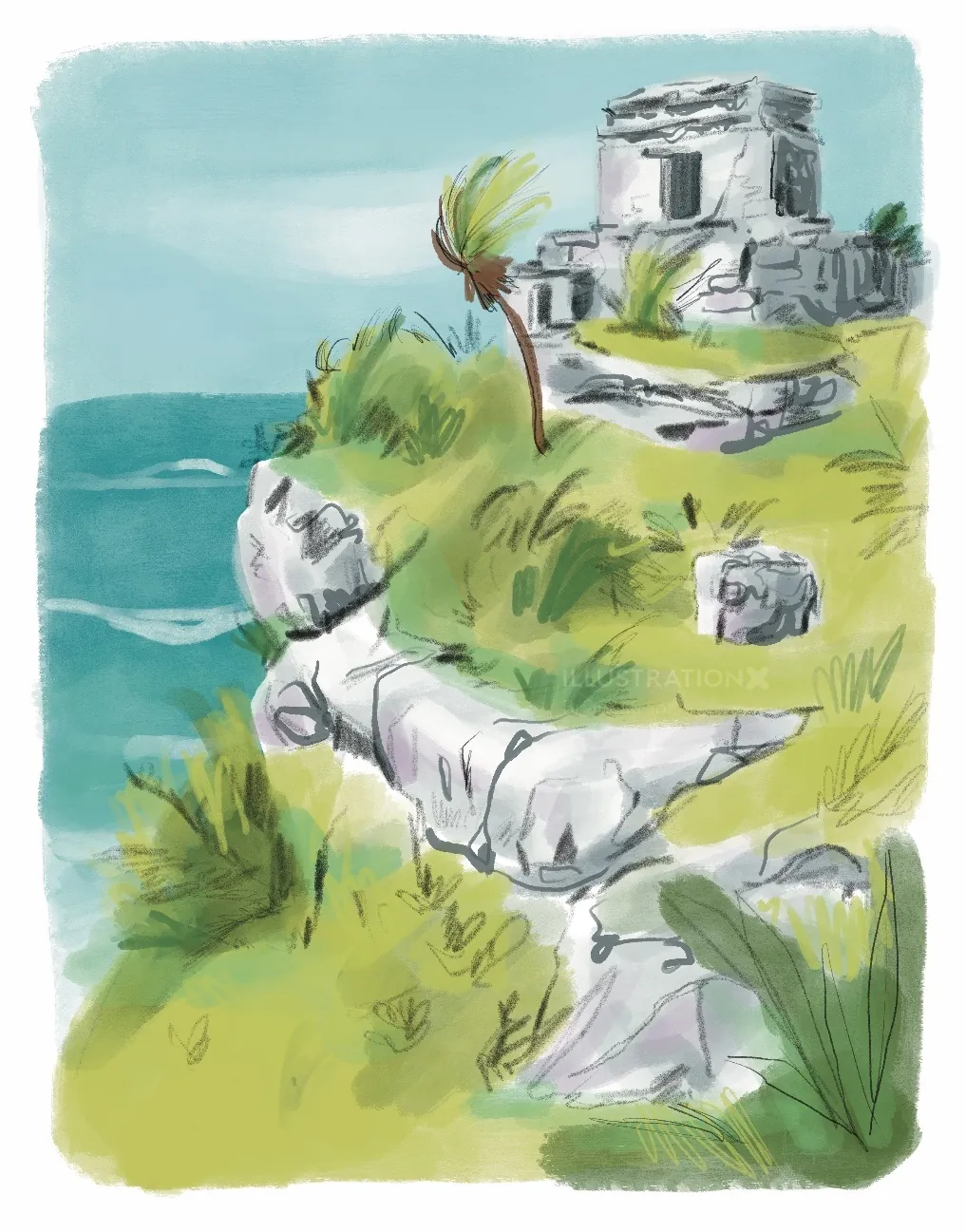 Aquarell einer Küstenruine auf einer grasbewachsenen Klippe von Briana Kranz
