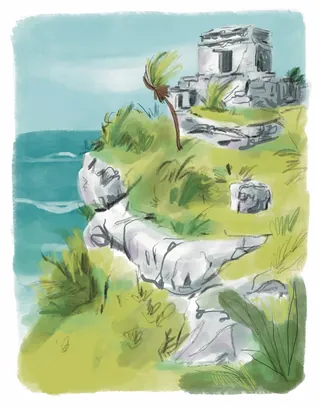 Watercolor of coastal ruins on a grassy cliff by Briana Kranz