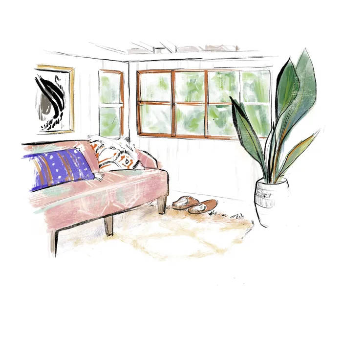 Watercolor living room with pink sofa and large green plant by Briana Kranz