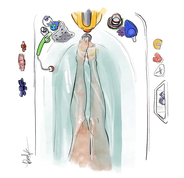 Top-down illustration of a person in a bathtub with bath items by Briana Kranz