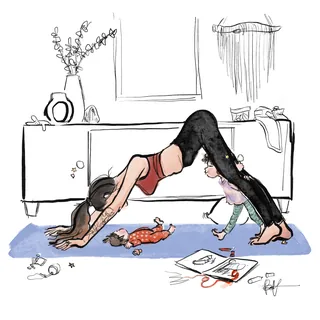 Mother in downward dog yoga pose with toddler playing nearby, artwork by Briana Kranz