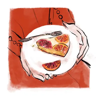 Hands holding a plate with a slice of citrus tart and fork by Briana Kranz