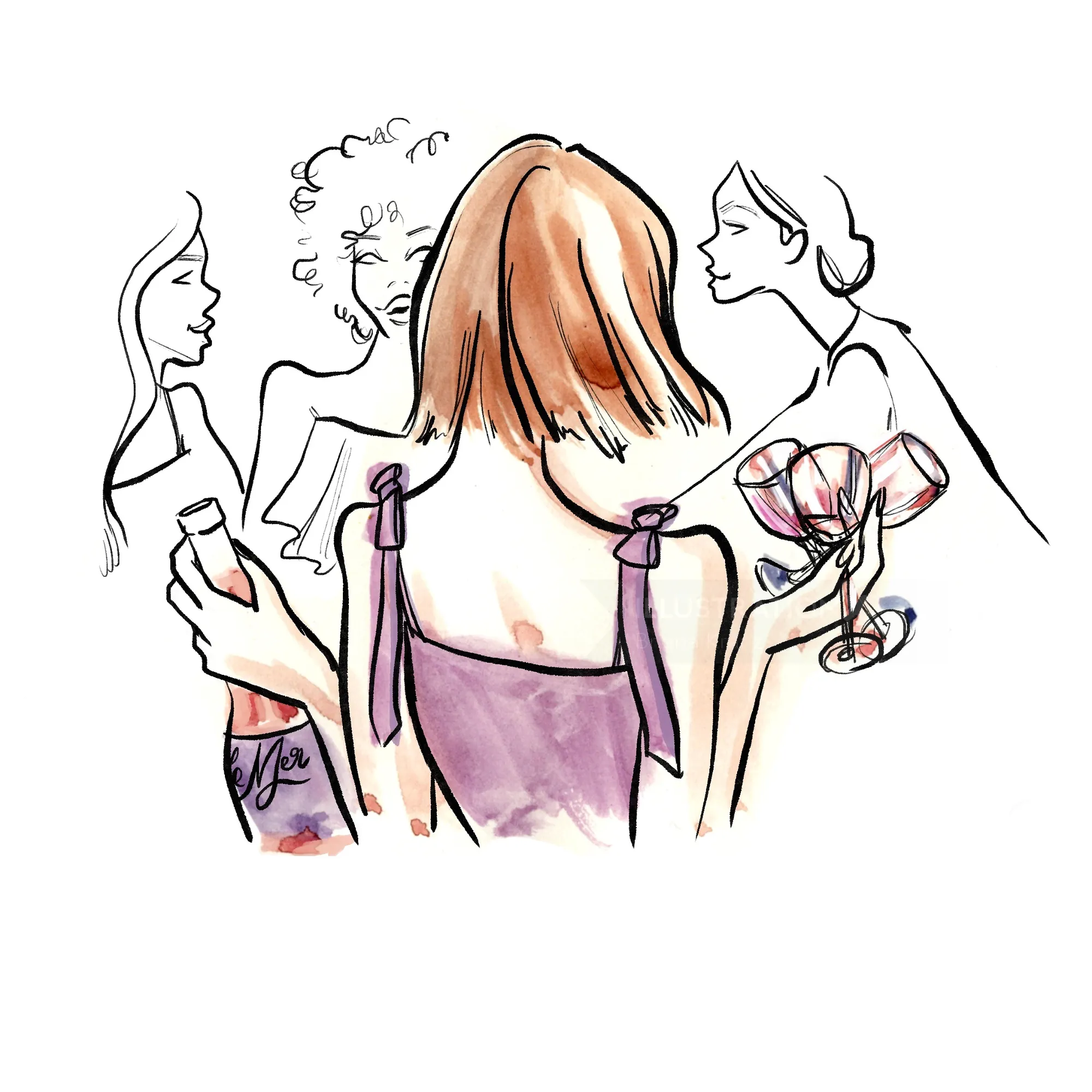 Stylized drawing of women with drinks in social setting by Briana Kranz