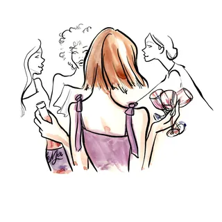 Stylized drawing of women with drinks in social setting by Briana Kranz