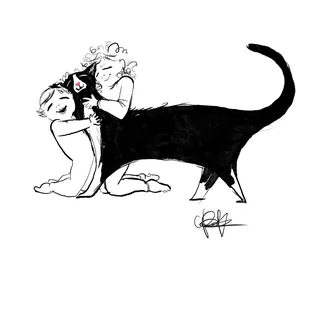 Ink drawing of two children hugging a large black cat by Briana Kranz