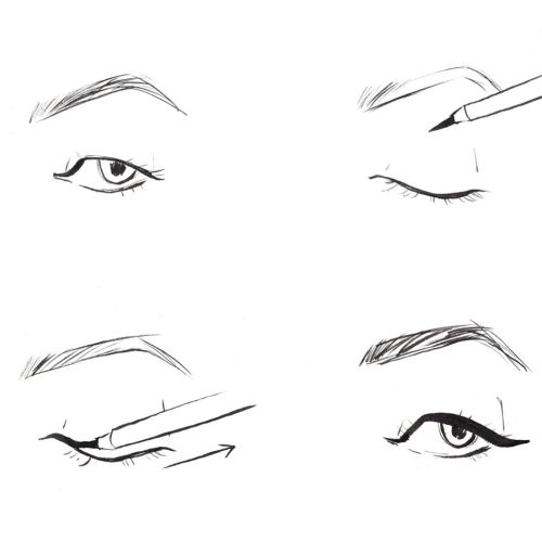 Line drawings showing four steps of eyeliner application by Briana Kranz
