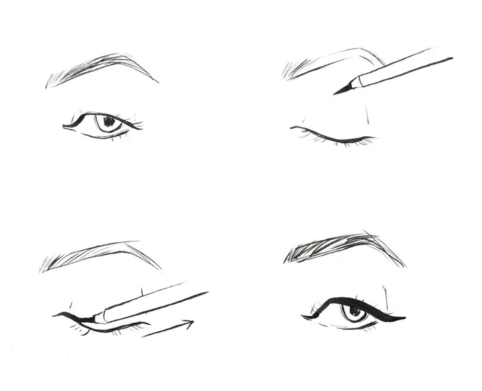 Line drawings showing four steps of eyeliner application by Briana Kranz