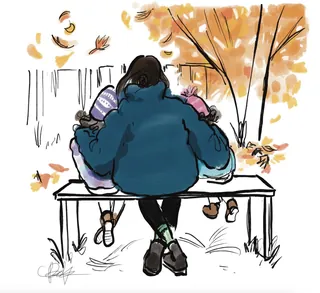 Parent hugging two children on a bench amid autumn leaves by Briana Kranz