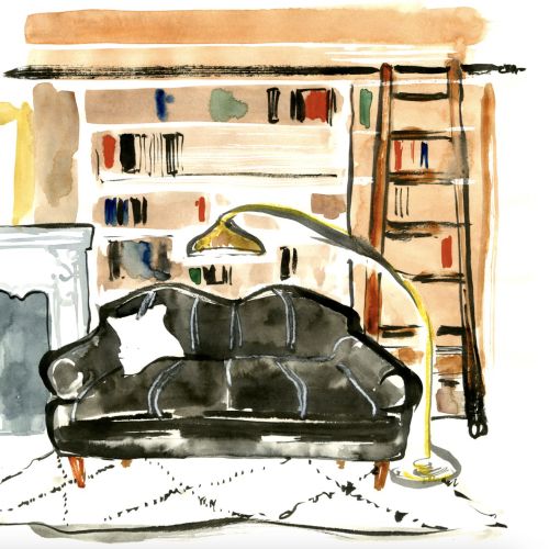 Watercolor living room with black sofa, bookshelf, and floor lamp by Briana Kranz