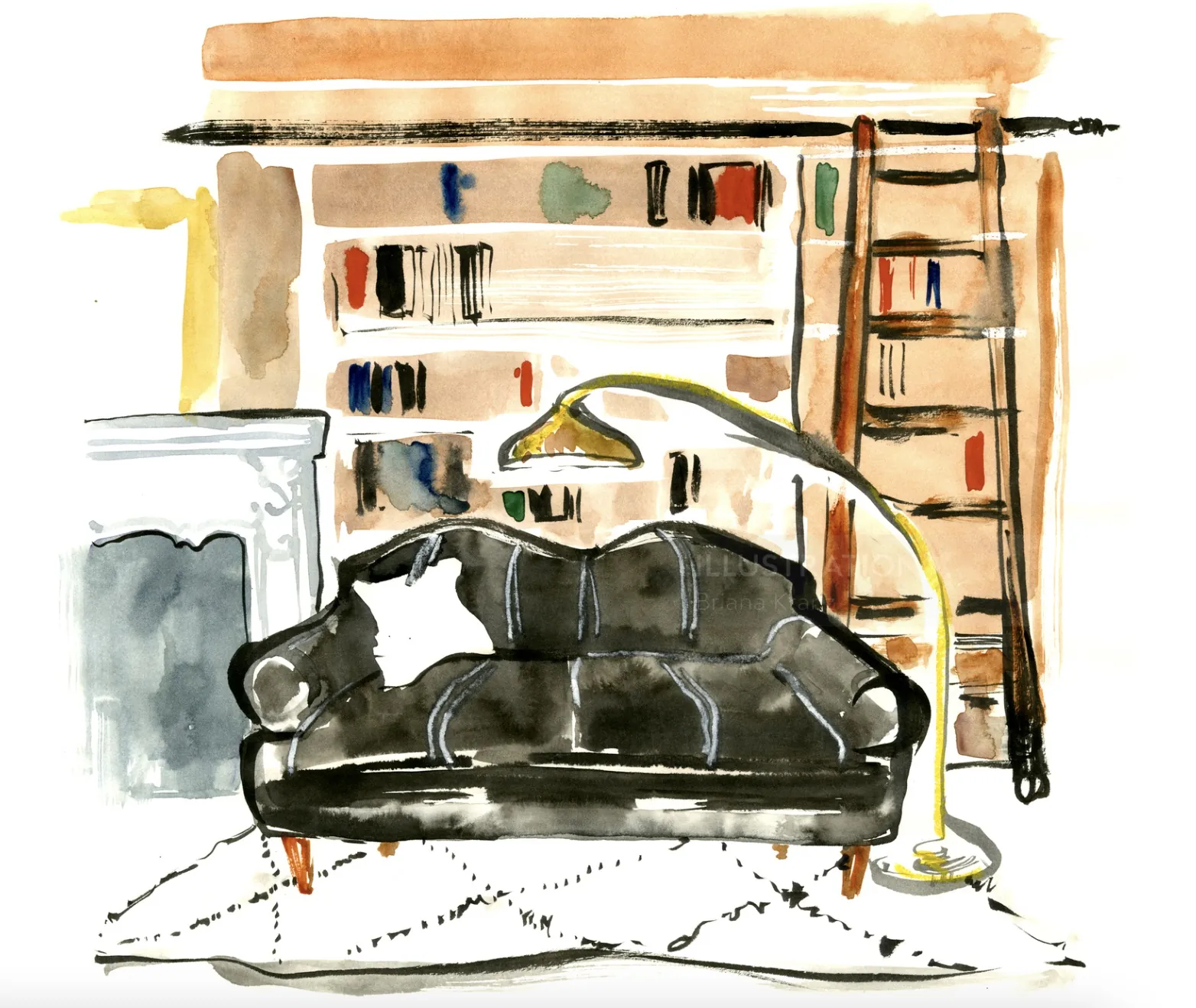 Wohnzimmer mit Aquarellmalerei, schwarzem Sofa, Bücherregal und Stehlampe von Briana Kranz