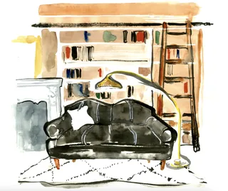 Watercolor living room with black sofa, bookshelf, and floor lamp by Briana Kranz