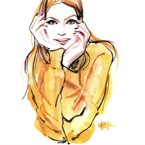 Woman holding broken mirror reflecting her face, watercolor by Briana Kranz